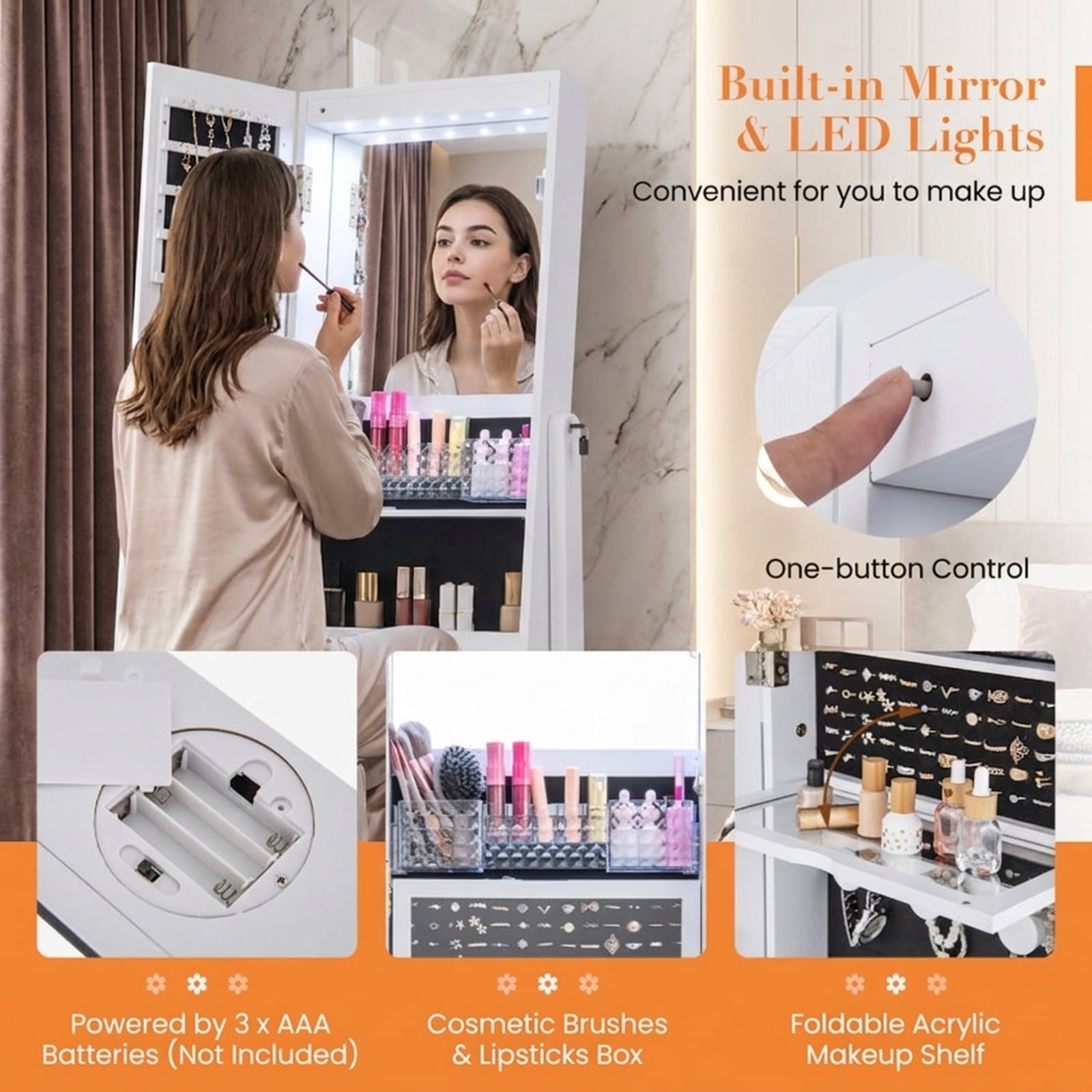 Furnibear Lockable 360° Swivel Jewelry Cabinet with Full-Length Mirror LED Lights for Bedroom Dressing Room Jewelry Necklace Rings Storage, White