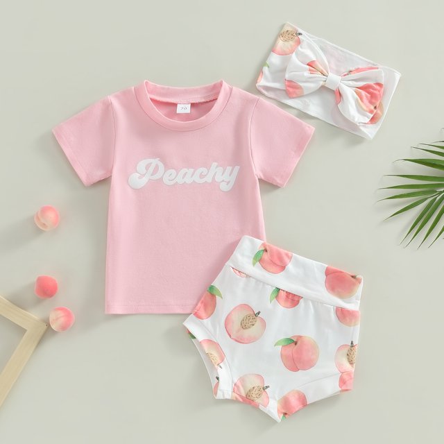 Pudcoco Ensemble Short Bébé Fille T-shirt Imprimé à Manches Courtes avec Short Imprimé Pêche et Bandeau Bowknot