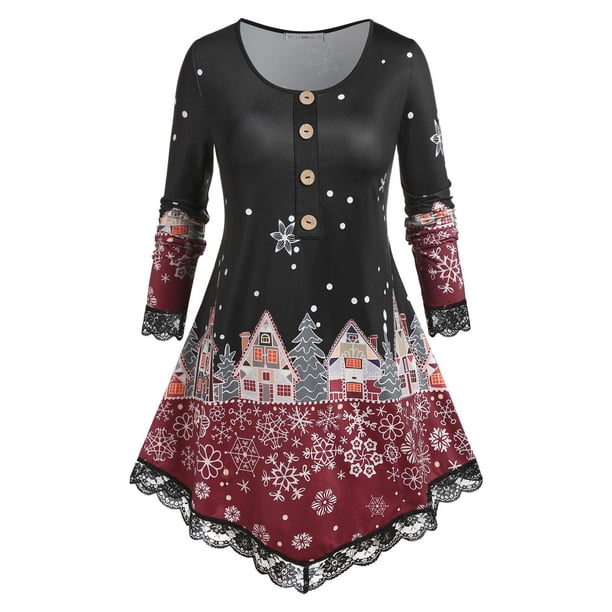 Camiseta con Puntilla Escotada de Forma de Copo de Nieve de Talla Extra Rosegal Mangas largas de talla grande