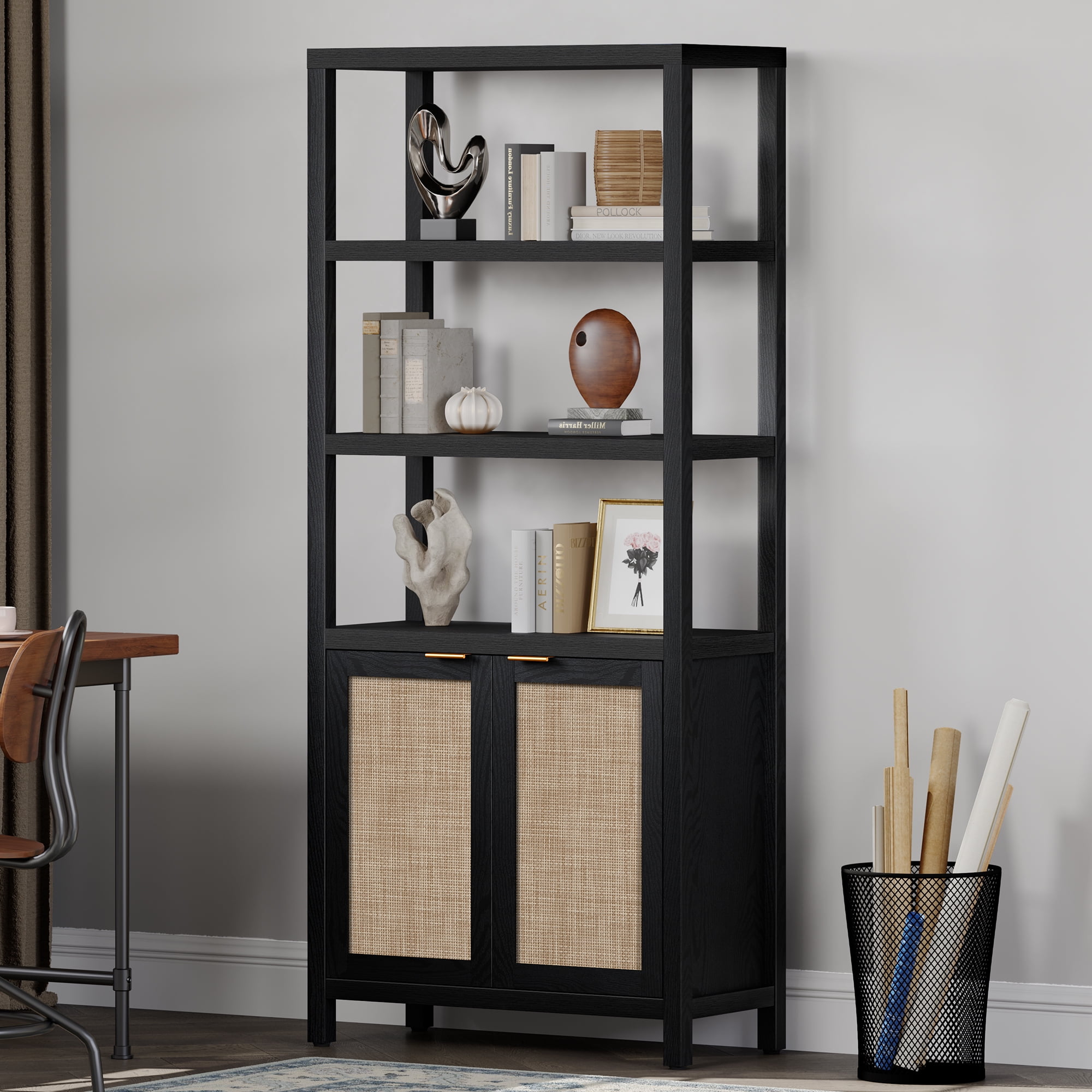 SICOTAS 71" Tall Bookcase with Doors, Boho 5 Tier Rattan Bookshelf Set of 3, Mid-Century Bookcase with Storage Cabinet for Living Room, Bedroom, Library & Home Office in Black Oak