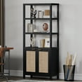 thumbnail image 4 of SICOTAS 71" Tall Bookcase with Doors, Boho 5 Tier Rattan Bookshelf Set of 3, Mid-Century Bookcase with Storage Cabinet for Living Room, Bedroom, Library & Home Office in Black Oak, 4 of 10