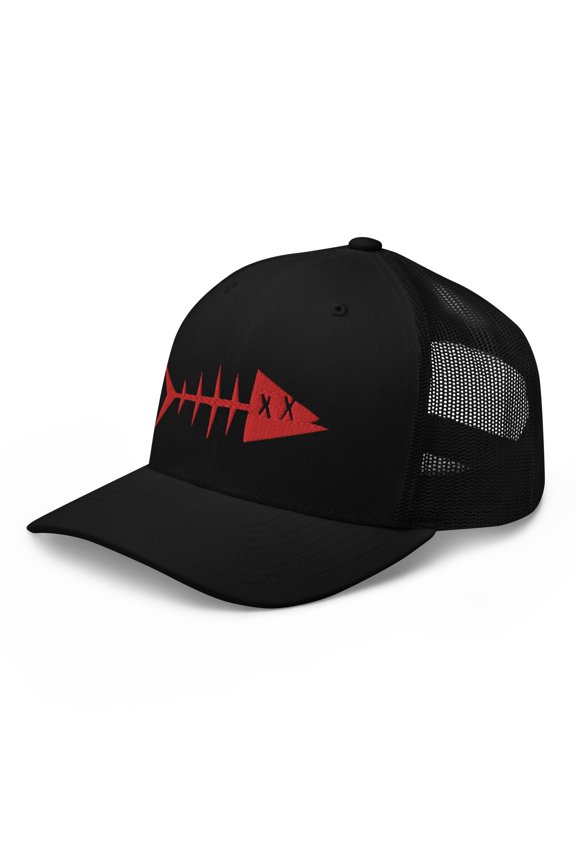 Adult Unisex 3D Puff Embroidered Red Fish Adjustable Black Retro Trucker Cap