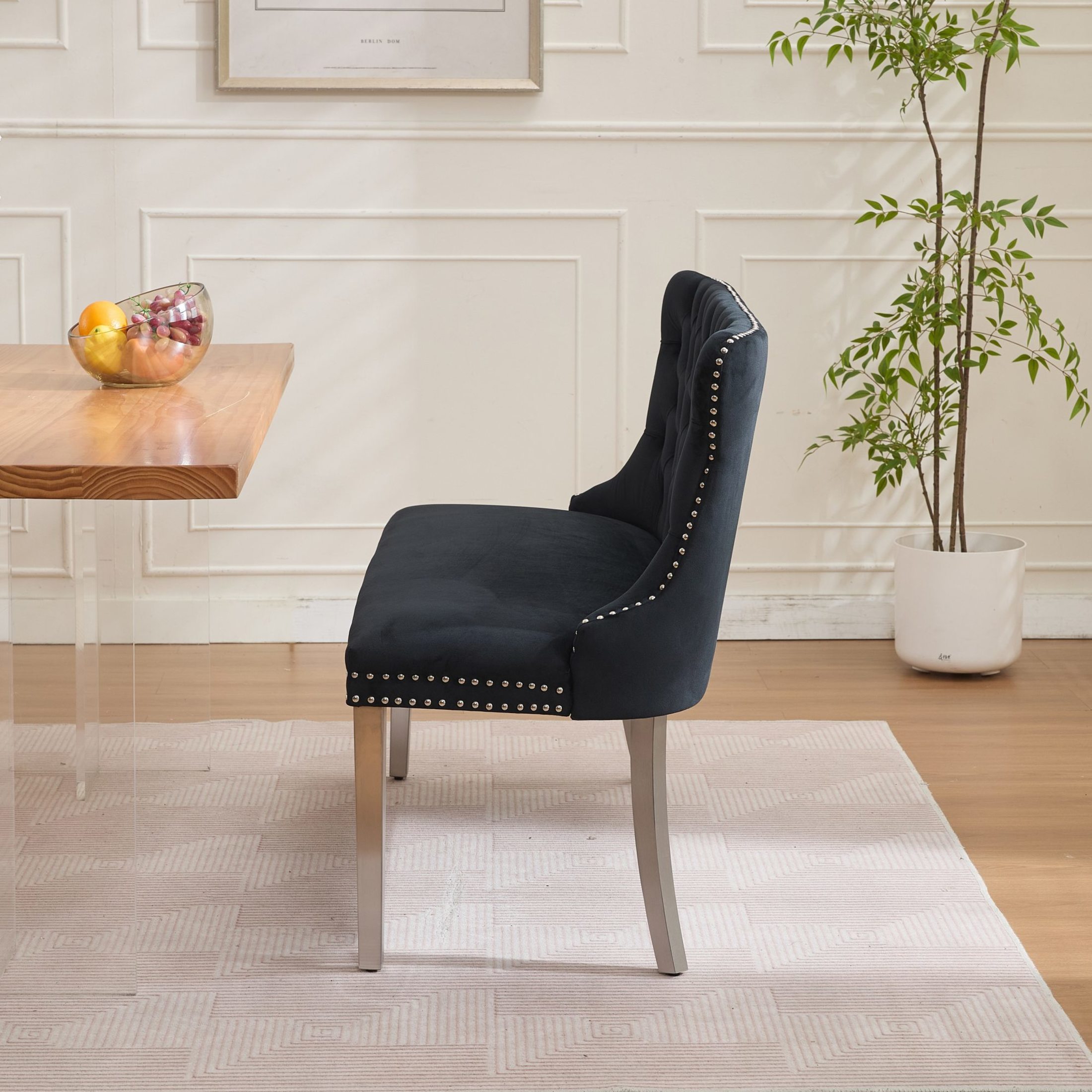 Noble House 2-Seat Velvet Dining Bench, Tufted Wingback Upholstery, Steel Legs, Black + Silver