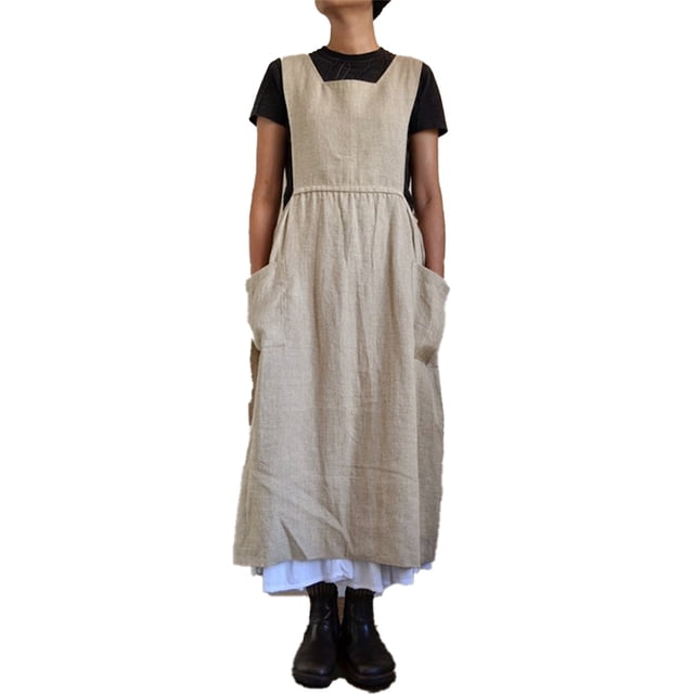 Vestido de mujer Casual Suelto Sólido Pinafore Tirantes Largos Delantal Algodón Lino Vestidos Generales con Bolsillos