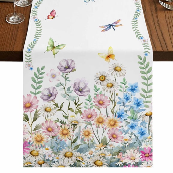 Wildflowers Table Runner 70 Inches Long,Farmhouse Country Dragonfly Butterfly Floral Cotton Linen Table Runners Dresser Scarves,Fabric Tabletop Scarf Furniture Cover for Home Dinner Party 13"x70"