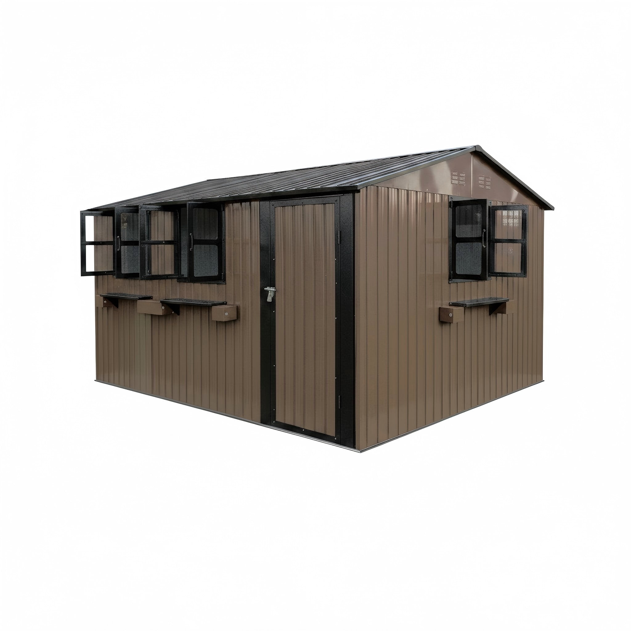 Aukfa 12x10 FT Outdoor Metal Storage Shed with 3 Windows & Flower Racks, Lockable Steel Garden Tool Shed for Lawn Mowers, Bikes and Patio Equipment, Brown