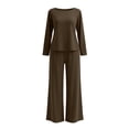 thumbnail image 4 of Hzzrkos Women Casual Plus Size Loose Solid Color Round Neck Long Sleeve Two Piece Wide Leg Loungewear Pajama Set, Soft Relaxed Sleepwear Outfit For Indoor Daily Rest Brown XXXL, 4 of 7