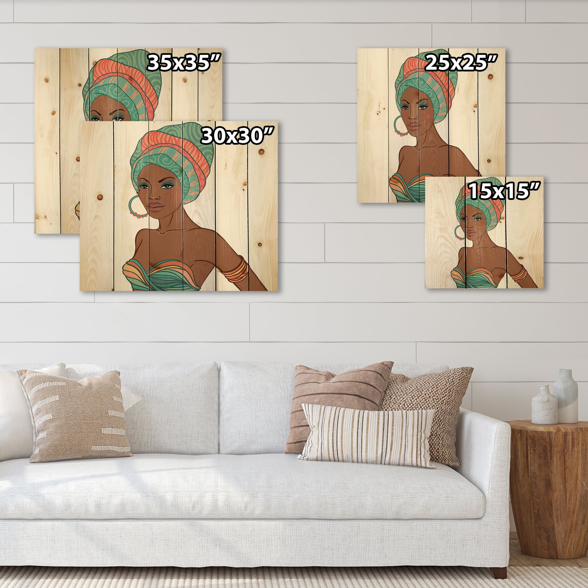 Designart 'African American Woman With Turban and Earring' Modern Print on Natural Pine Wood