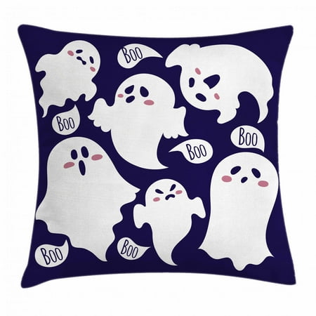 Ghost Throw Pillow Cushion Cover, Scary Ghost Characters Drawn in Cartoon Style with Boo Texts Pattern, Decorative Square Accent Pillow Case, 18 X 18 Inches, Indigo White Dried Rose, by Ambesonne