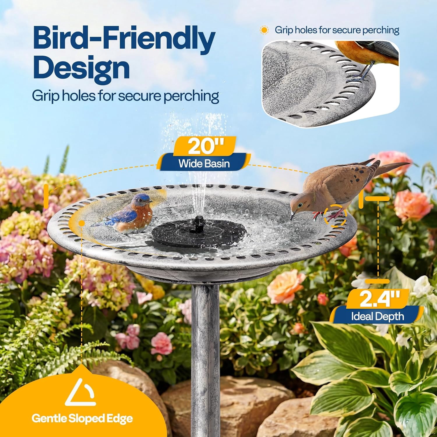 SPECSTAR Bird Bath, Polyresin Antique Outdoor Gray Garden Birdbath and Solar Powered Round Pond Fountain Combo Set
