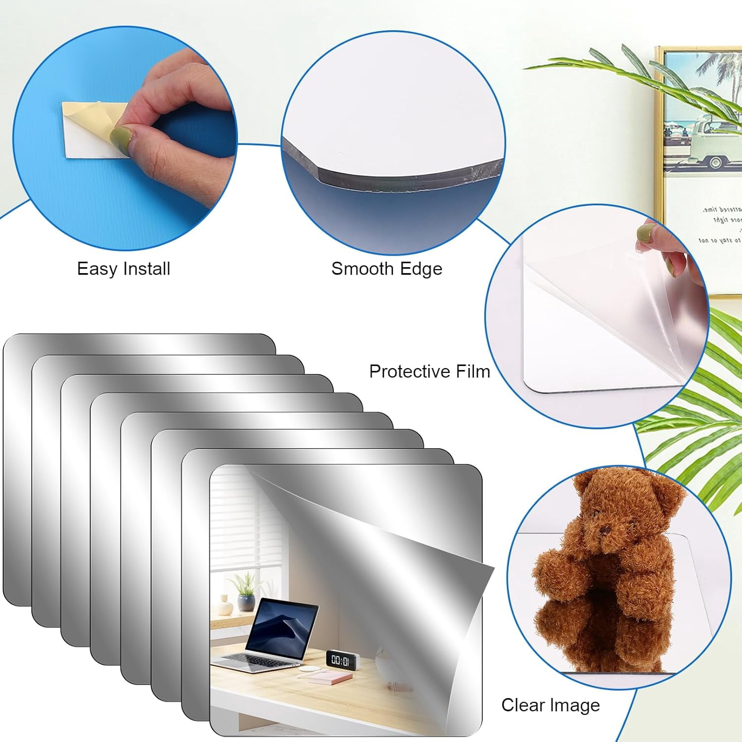 6 Pack Self Adhesive Acrylic Mirror Tiles, 12 x 16 Inch, Flexible Sheets, Frameless Wall Stickers, Non Glass for Bedroom Bathroom Home Decor, 2MM Thick