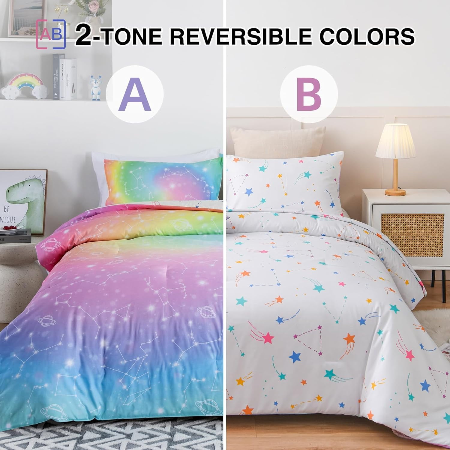 NTBED Tie Dye Constellation Rainbow Ombre Comforter Set Twin Size Gradient Galaxy Bedding Set for Kids Girls Boys Pink Green 3Pcs