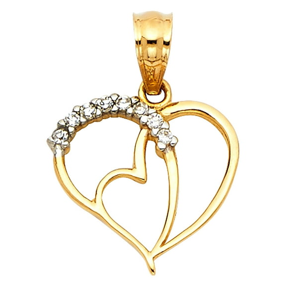 Heart Charm CZ Solid 14k Yellow Gold Love Pendant Two Hearts Together Fashion Style Fancy Small 13 x 12 mm