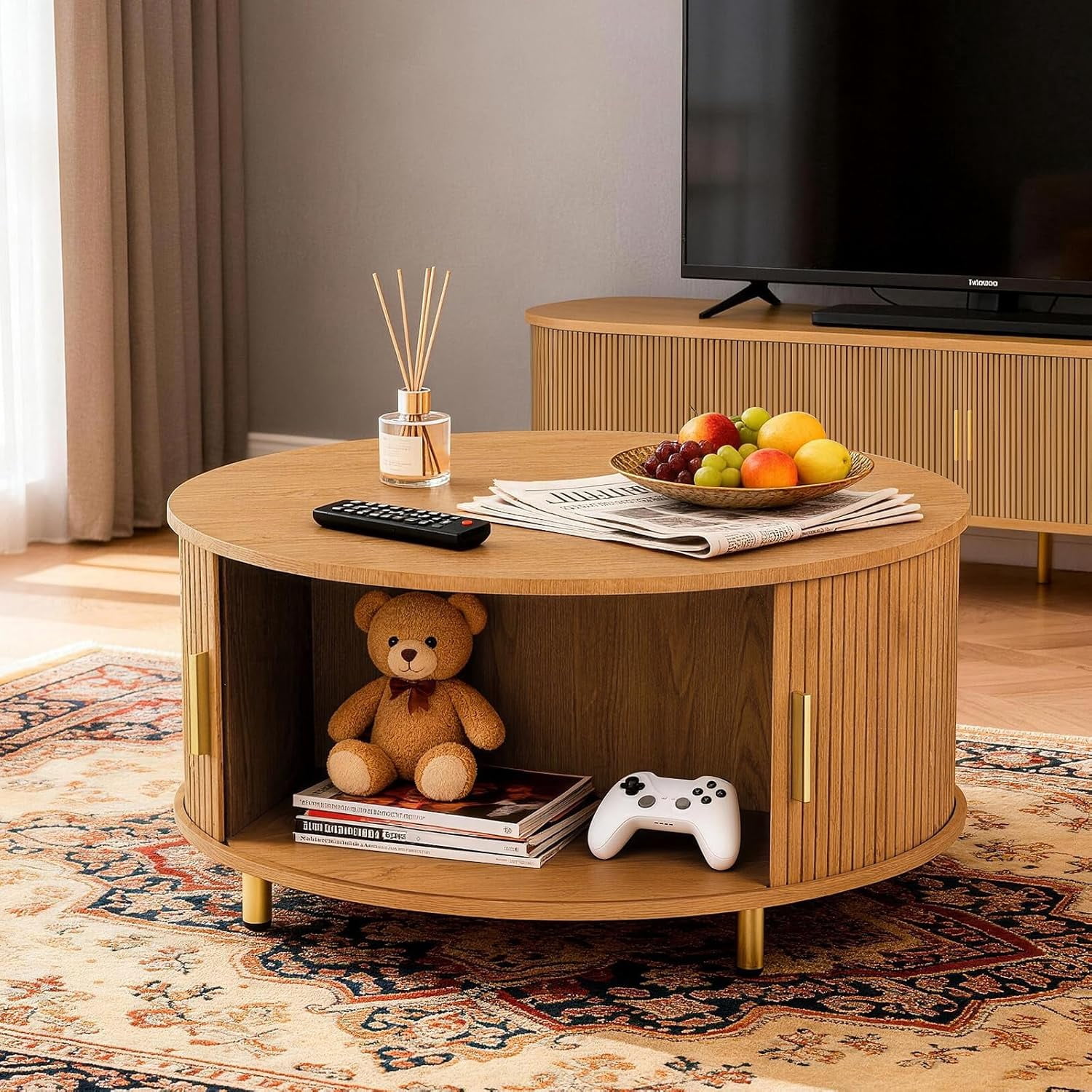 31.5-Inch Round Mid-Century Modern Coffee Table with 360° Sliding Tambour Door, Fluted Design, Storage, Adjustable Footpads, Yellow Walnut