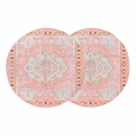 Pink Boho Round 13 Inch Placemats Set of 2, Vintage Abstract Tribal Decorative Oriental HeatResistant Non Slip Place Mats for Dining Table, Wipeable Braided Kitchen Table Mats for Housewarming