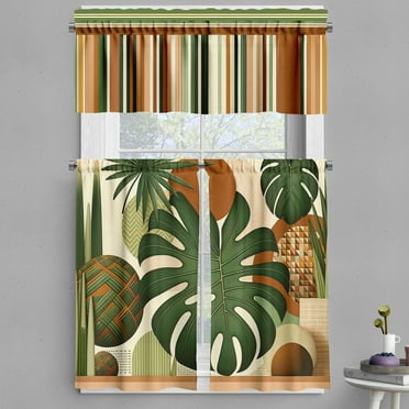 Ambesonne Mid Century Valance & Curtain 3 Pcs Set, Art of Monstera Leaves, 55"x45", Reseda Green Pale Caramel