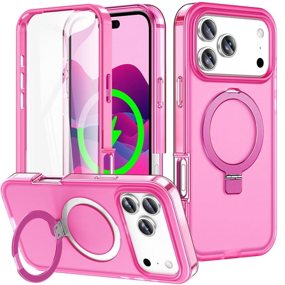 COAROVER for iPhone 17 Pro Max Magnetic Case with Foldable Stand,Full Body Protective Cover with Screen Protector, Matte PC Translucent Back,Rose