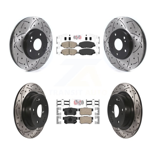 Transit Auto Front Rear Ceramic Pad & Coated Drilled Slotted Disc Brake Rotor Kit for Car 2005 Honda Accord Hybrid with 3.0L FULL HYBRID EV-GAS (FHEV) engine with 300mm Diameter KDA-102418