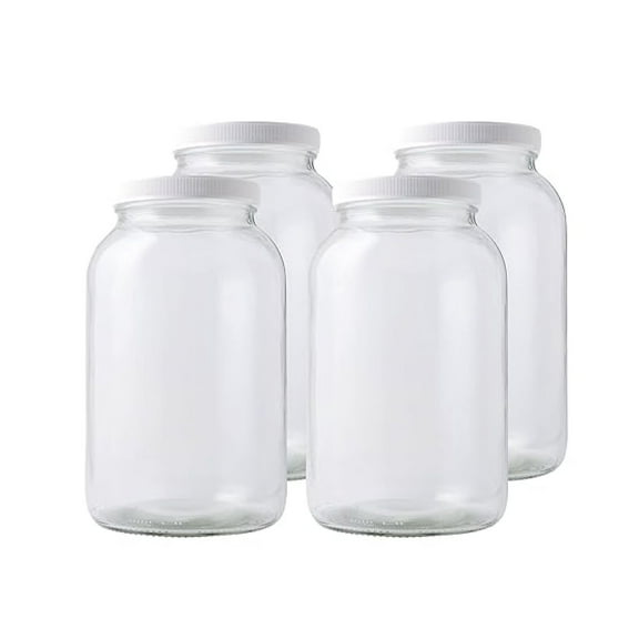 1 Gallon Mason Jar with White Airtight Lid (Pack of 4) | Regular Glass Canisters with Airtight Lids | Large Mouth Glass Jar for Food Storage, Canning, Fermentation, Pickling