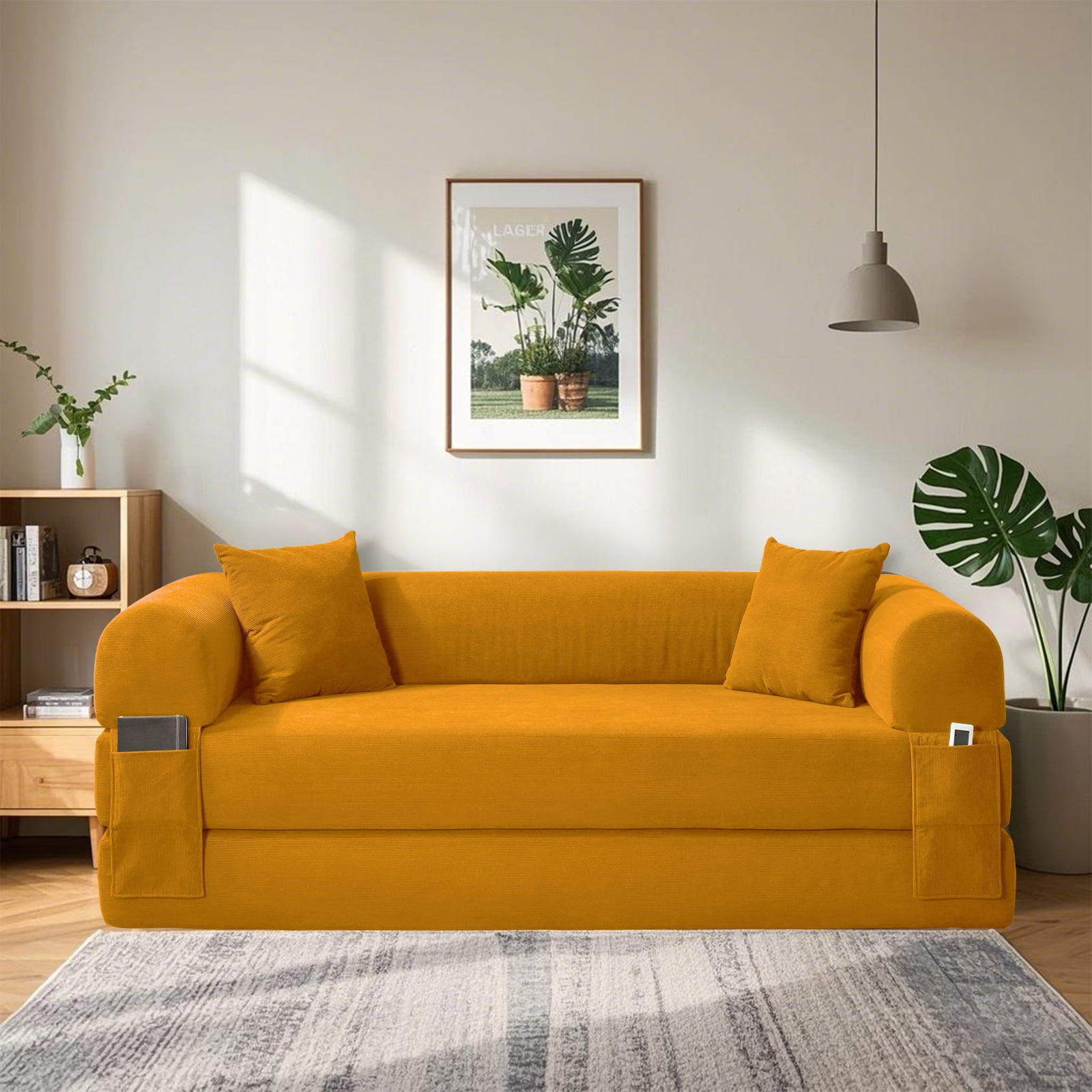 3 in 1 Convertible Sofa Bed, 80" Corduroy Folding Pull Out Couch with 2 Pillows, Floor Sofa with Side Storage for Living Room, No Assembly Modern Boneless Couch Compression Sofa, 30"W