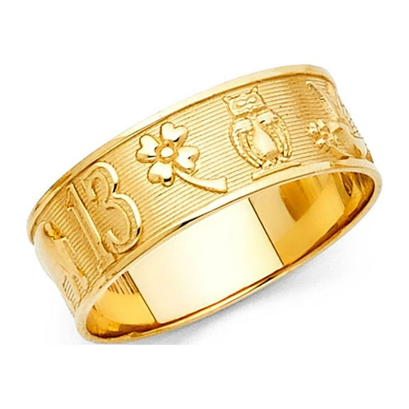 Elephant Owl 13 Clover Ring 14k Yellow Gold Good Luck Charm Band Lucky Symbols Style 6MM, Size 7