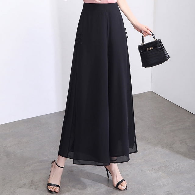 Abrigo de gasa con abertura lateral de moda para verano, cintura trasera elástica y suelta, pantalones largos casuales y elegantes.