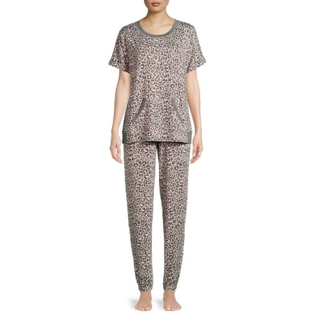 Secret Treasures Women's and Women's Plus Mother's Day Short Sleeve Top and Joggers with Makeup Bag, 3-Piece Knit PJ Set