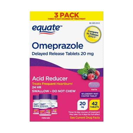 Equate Omeprazole Tablets 20 mg Wildberry Mint, Acid Reducer, 14 Count, 3 pack