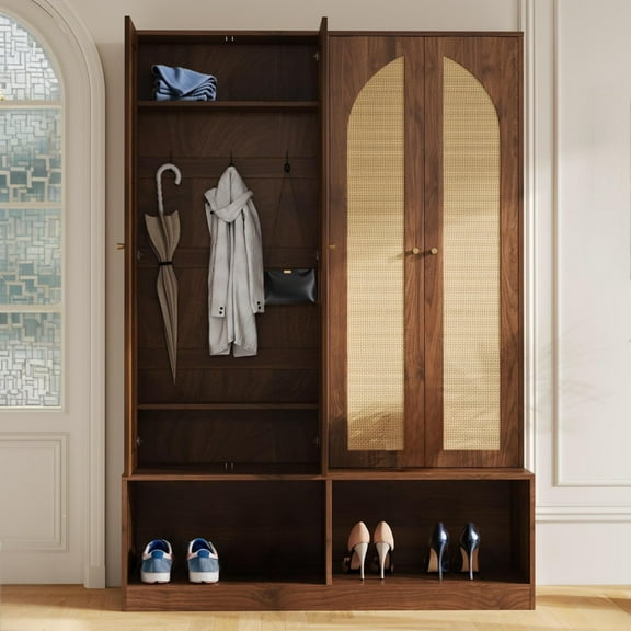 4-In-1 Hall Tree with Bench and Shoe Storage, Farmhouse Coat Rack with 4 Rattan Doors, 6 Hooks & Adjustable Shelves, for Living Room, Entryway, Walnut