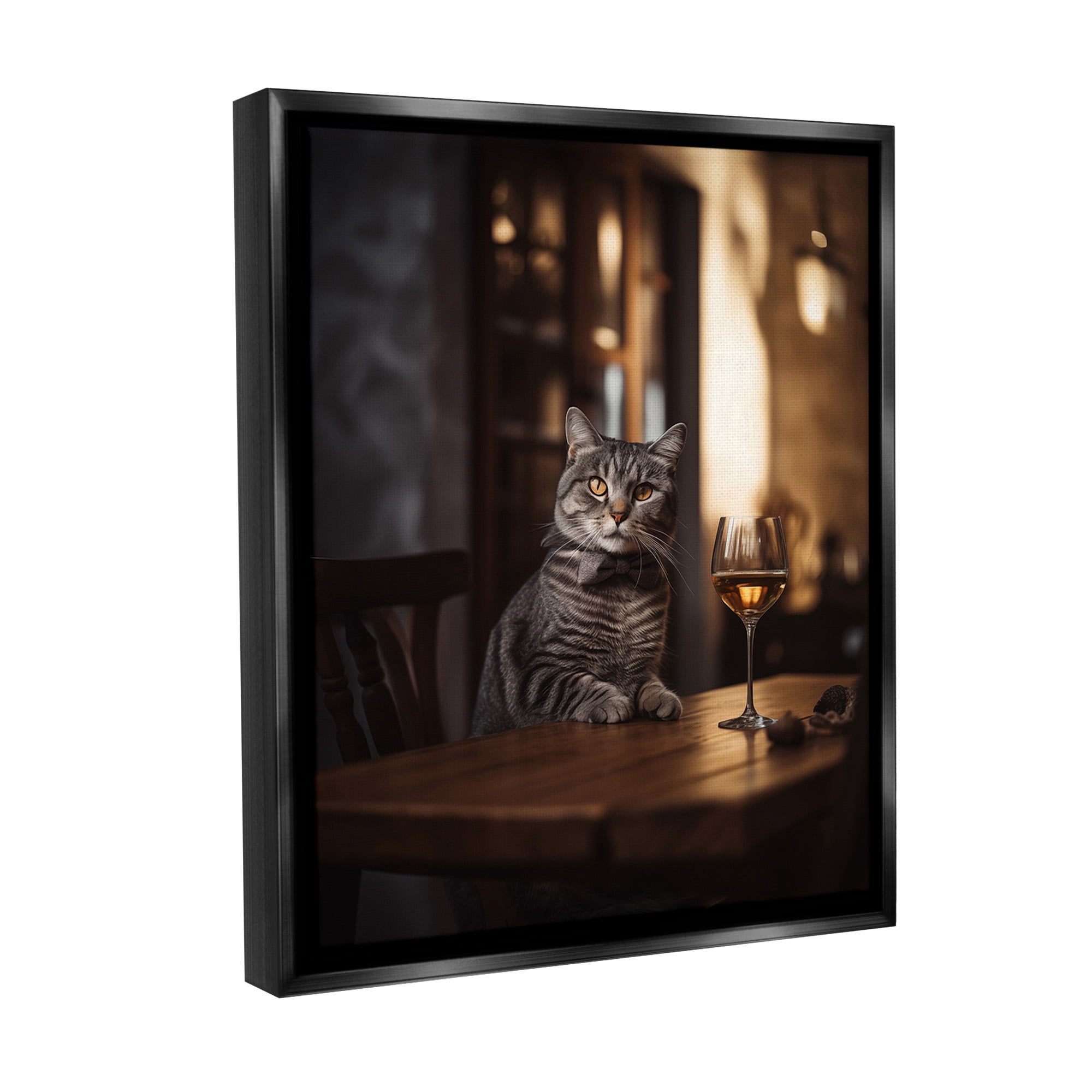 Stupell Industries Classy Cat with Wine Animals & Insects Painting Black Floater Framed Canvas Art Print Wall Art, 17 x 21