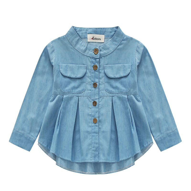 Child Kids Toddler Baby Girls Ruched Long Sleeve Denim Shirt Tops Blouse Clothes