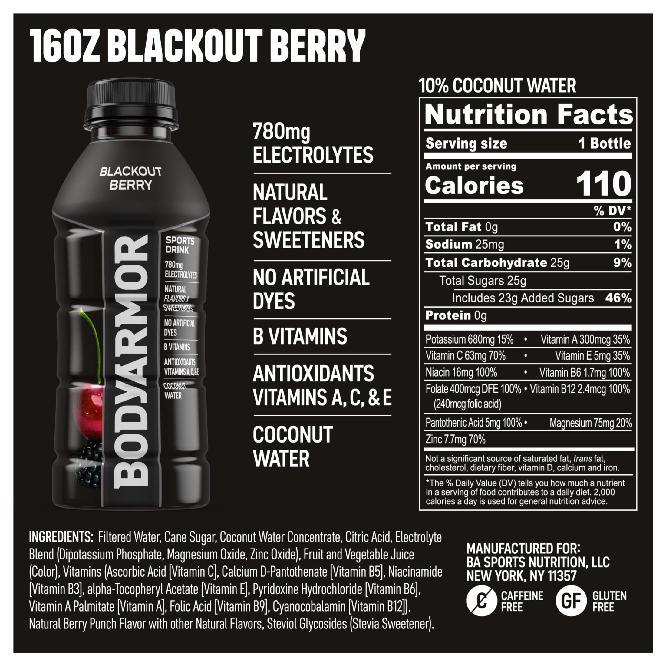 BODYARMOR Blackout Berry Electrolyte Sports Drink, 16 fl oz Bottle