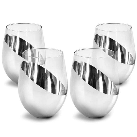 Juego de 4 Copas de Vino Sin Tallo MyGift, 530 ml, Detalle Plateado