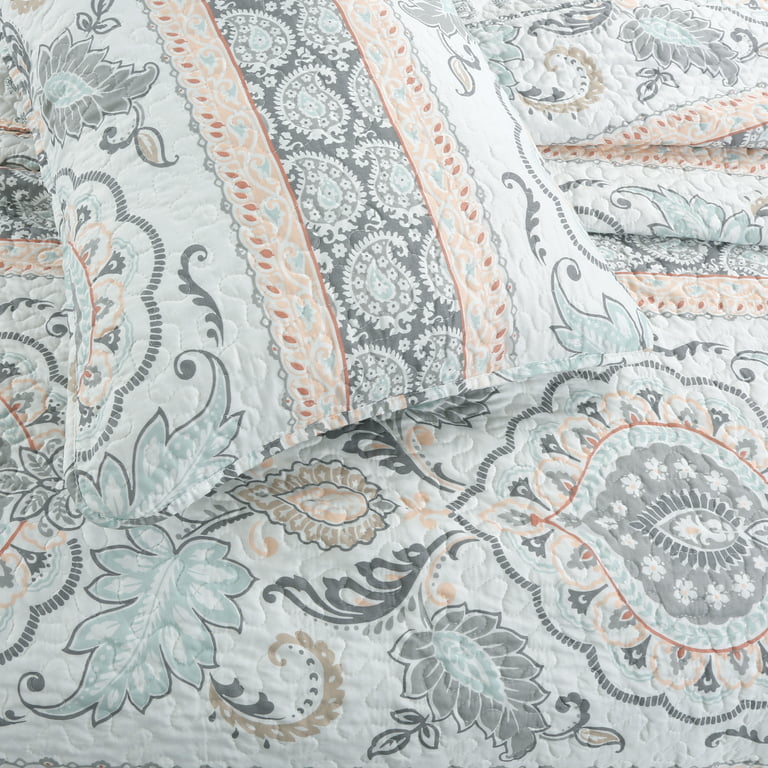 Peach Grey and Sky Blue Vintage Floral Bedding French Country