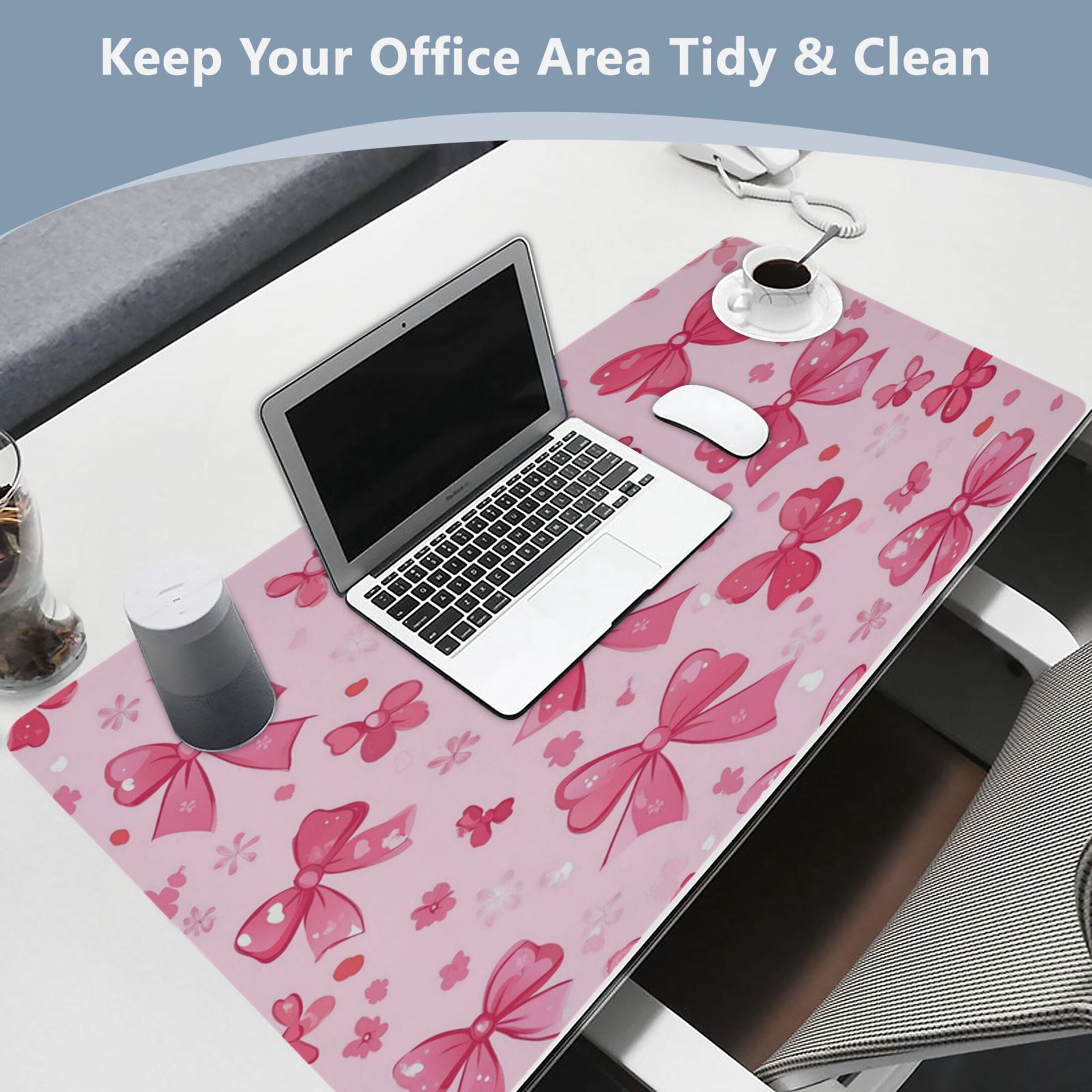 Leather Keyboard and Mouse Desk Mat Office Desk Accessories Protective Office Desk Decor Desk Pad Mat for Gaming, Work from Home, Office Pink Cute Bows 16.5" x 35.4"