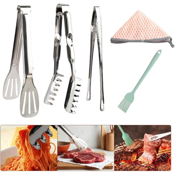 5pcs Stainless Steel Cooking Tong Set, 1pc Pasta Tong, 1pc BBQ Clip, 1pc Serving Clips, 1pc Silicone Basting Brush and 1pc Wash Cloths, Kitchen Grill Holder for Barbecue Home Outdoor Picnic