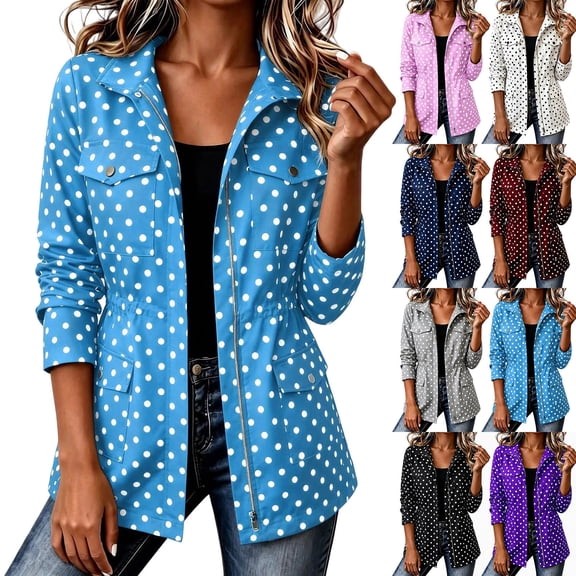 Tqcoqu Women's Polka Dot Oversized Jacket, Lapel Zip Up Casual Waterproof Coat with Multiple Pockets,Women's,Size S-XXXL