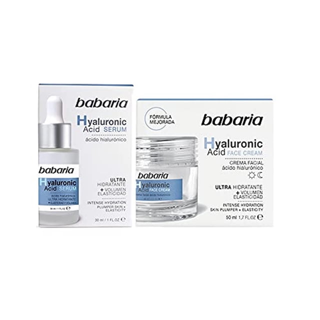babaria crema + serum de ácido hialurónico babaria ultra hidratante aporta volumen y elasticidad 50m — Kit frontal con frasco gotero de serum (30 ml) y tarro de crema facial (50 ml); envases transparentes con etiquetas blancas y detalles azul claro y tapas plateadas, texto 'Hyaluronic Acid' visible. Fondo blanco; a menudo usado como set compacto para rutina de cuidado facial.