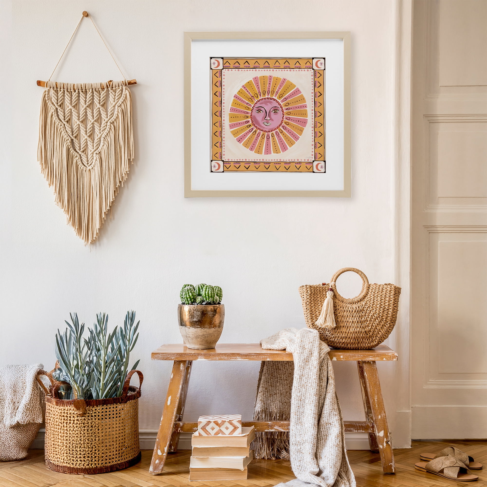 Stupell Industries Pink Sun Face with Geometric Border Birch Framed Print Under Glass, design by Two If By Sea Studios