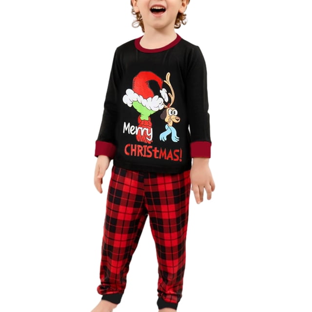Pijamas Navideñas Conjunto de pijama de 2 piezas Traje de cintura elástica con estampado informal familiar Kuymtek Negro*4-5 años*niño Única para Unisex