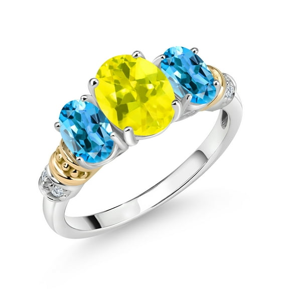 Gem Stone King 925 Sterling Silver and 10K Yellow Gold Oval Canary Mystic Topaz Swiss Blue Topaz and White Diamond 3 Stone Ring for Women (2.69 Cttw, Gemstone Birthstone, Size 5)