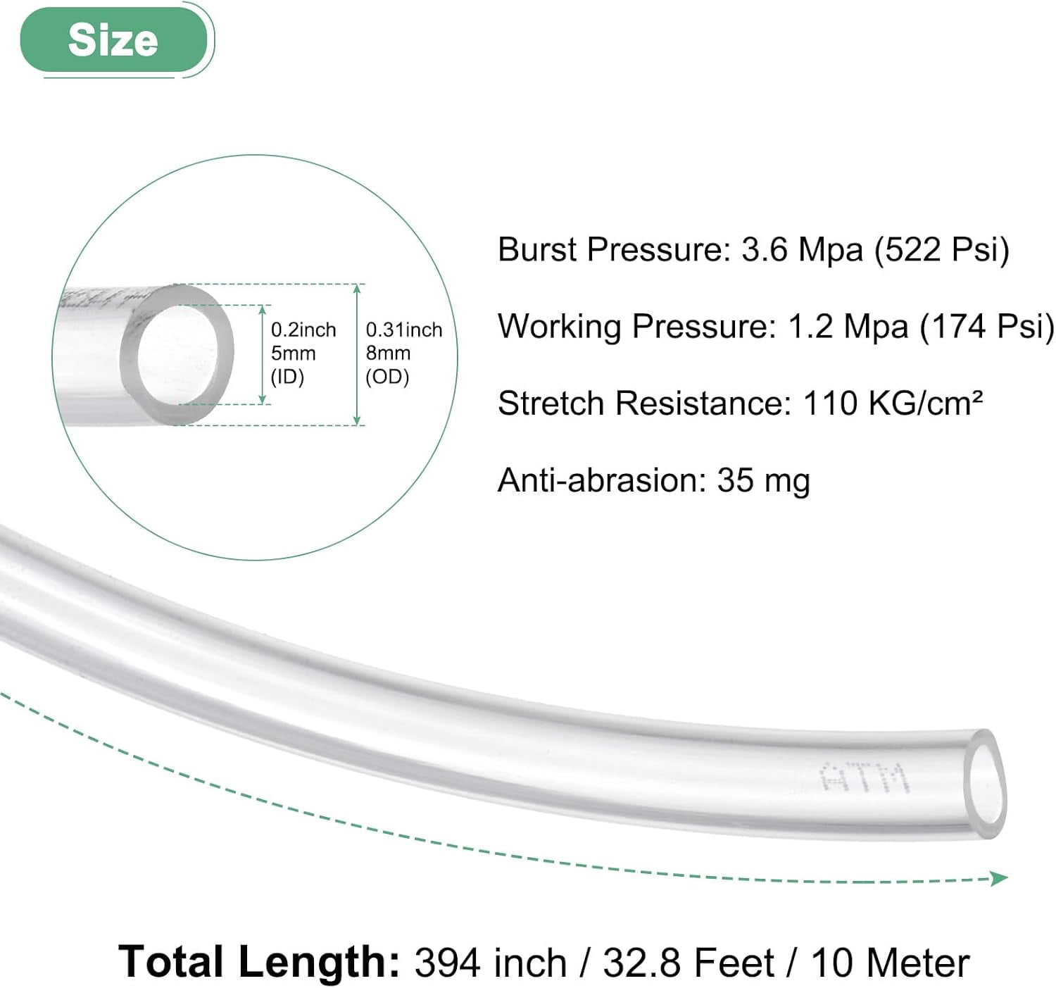 MKEUDQ-Pneumatic Tubing Pipe, 5mm(ID) x8mm(OD) PU Polyurethane Air Compressor Hose for Air Compressor Fitting/Gas/Fluid Transfer, Air Hose Line Tube [10M/32.8ft, Clear]