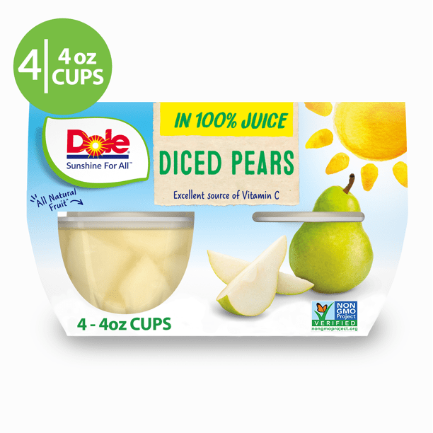 (4 Cups) Dole Fruit Bowls Diced Pears in 100% Fruit Juice, 4 oz