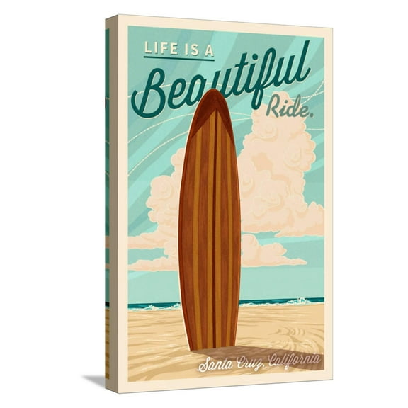 Art.com Santa Cruz, California - Life is a Beautiful Ride - Surfboard - Letterpress Stretched Canvas Print Wall Art by Lantern Press, 12" x 18"