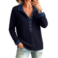 thumbnail image 6 of Textilo Denim Collar Pullover Sweaters for Women Patchwork Denim Waffle Knit Sweater Long Sleeve Half Button Collared Tops Retro Loose Fit 2026 Fall Winter Fashion Outfits,Navy 2XL, 6 of 6