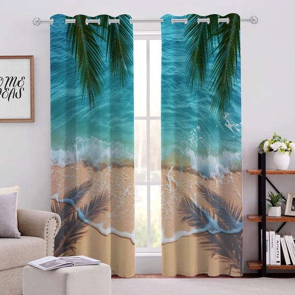 Blackout Curtains Window Curtain Beach Ocean Waves with Green Palm Leaves, 3D Printed Drapes Thermal Insulated Grommet Room Darkening Curtains for Living Room Bedroom 42"W x 84"L (Pack of 2)