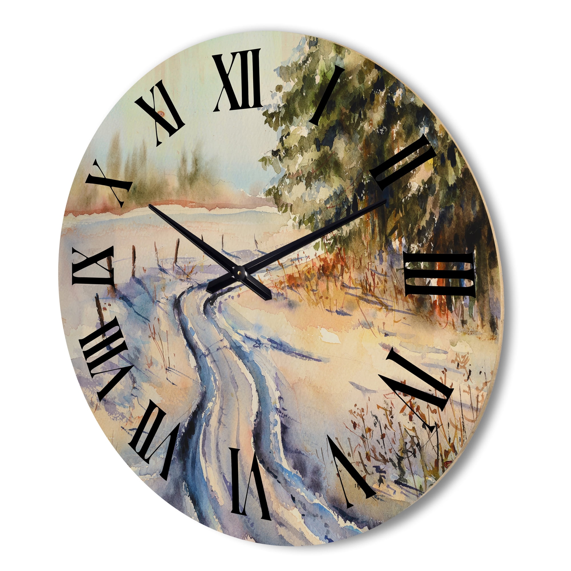 Designart 'Snowy Winter Forest Landscape Rural Road In Snow' Traditional Wood Wall Clock