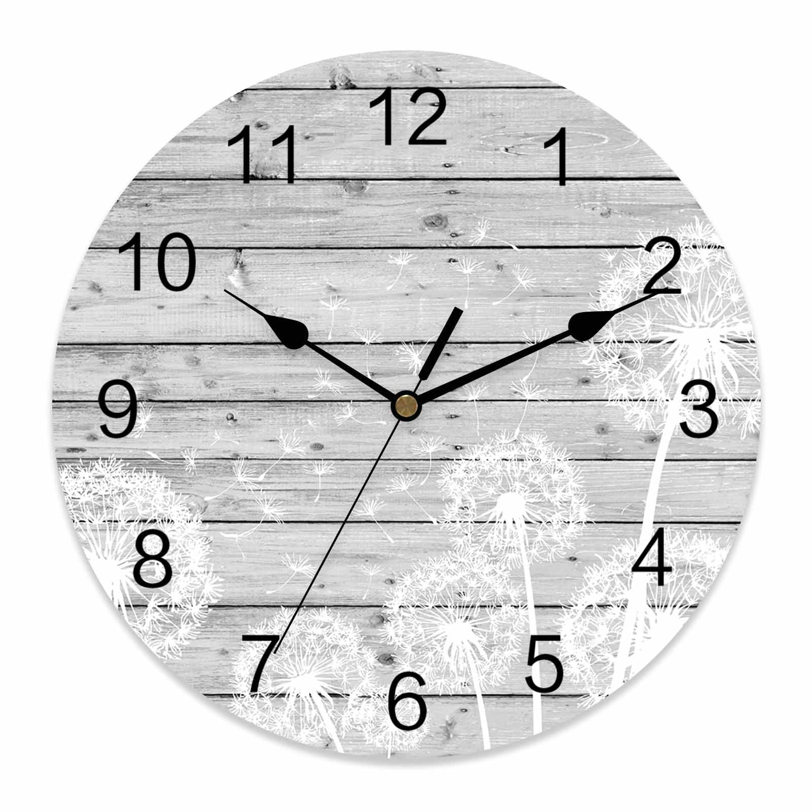 Wall Clock Dandelion Clocks PVC Silent Non-Ticking Battery Operated Decorative Spring Flower Plants Wood Grain Round Clock for Home Living Room Kitchen Bedroom Office School Wall Decor 10 Inch