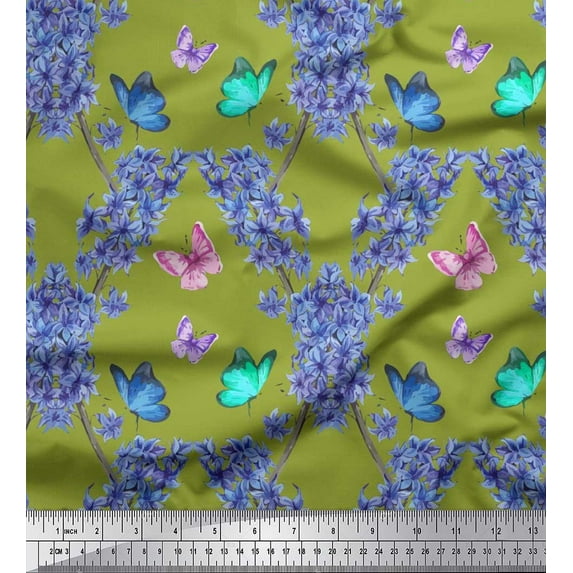Soimoi Moss Georgette Fabric Butterfly & Wildflower Floral Print Fabric by Yard 42 Inch Wide
