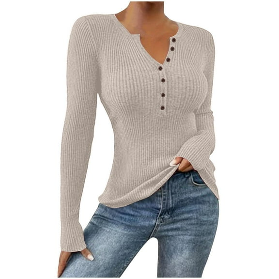 ShiShine Womens Long Sleeves Ribbed Tunic Shirts V Neck Button Down Tops Casual Tee Shirt Slim Fit Blouses